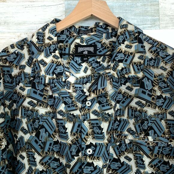Rocawear Denim All Over Print Spell Out Hawaiian Camp Shirt VTG 90s Mens XXL 2XL - Picture 2 of 9